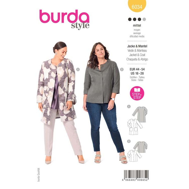 Patron Burda 6034 - Manteau ou veste sans col