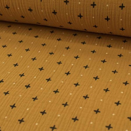 Tissu double gaze - Cross moutarde Tissu double gaze - Cross moutarde