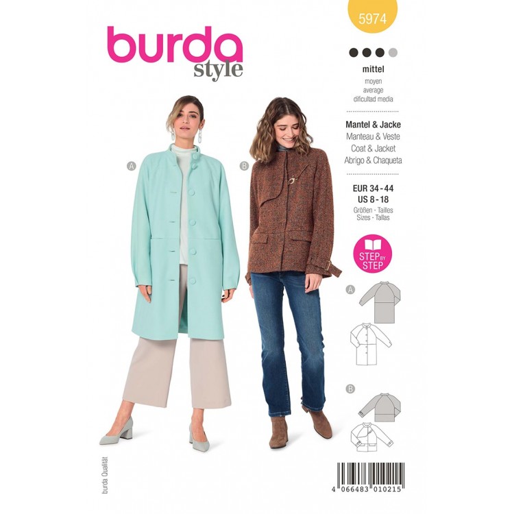 Patron Burda 5974 - Manteau manches raglan et col droit