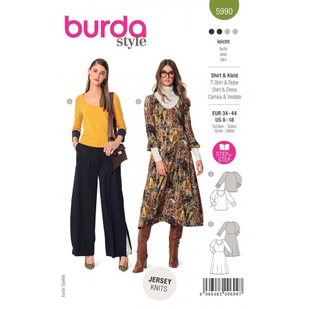 Patron Burda 5990 - T-shirt / robe col rond et manches raglan
