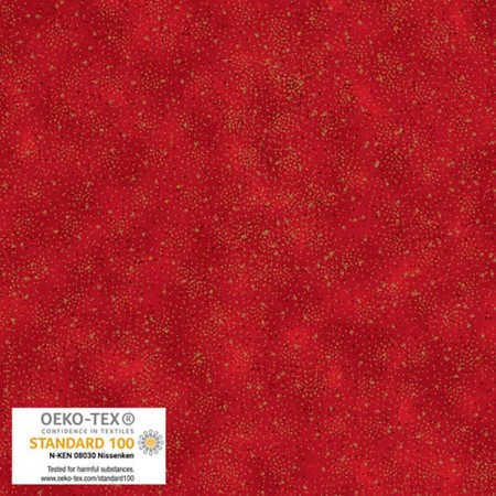 Tissu Noël - Frosty snowflake - Pointillés dorés fond rouge