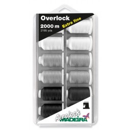 Coffret de 12 fils Overlock 2000 m Madeira - Noir, blanc, gris