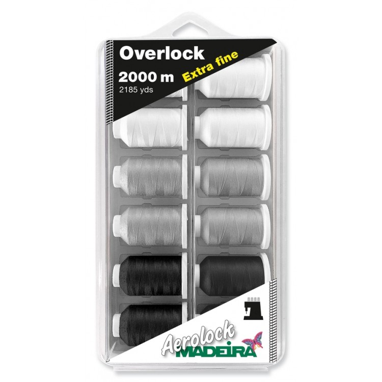 Coffret de 12 fils Overlock 2000 m Madeira - Noir, blanc, gris