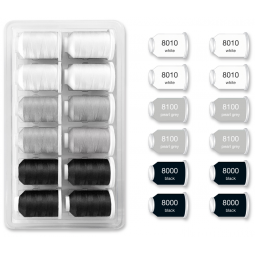 Coffret de 12 fils Overlock 2000 m Madeira - Noir, blanc, gris