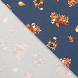 Tissu jersey coton - Camion de pompiers demin