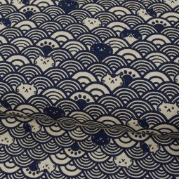 Tissu japonais coton épais - Chat dans les vagues